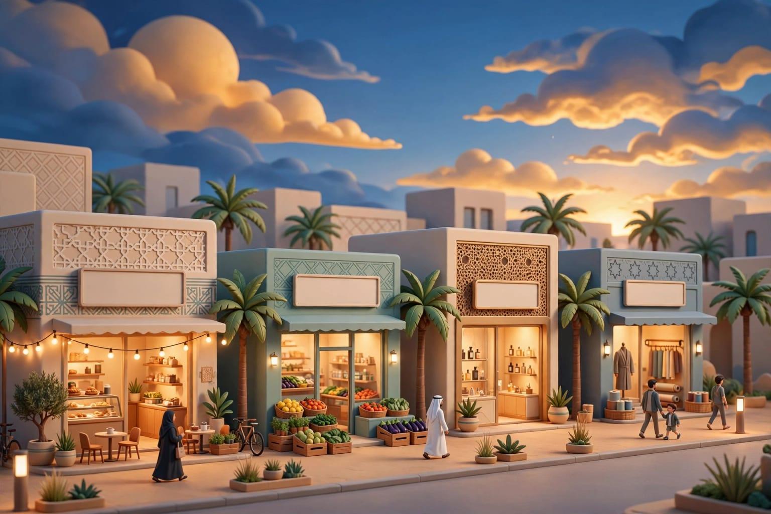 رسم توضيحي: واجهات محلات عند الغروب. صالة العرض الرقمية هي واجهة محلك التي تبقى مفتوحة بعد الإغلاق.